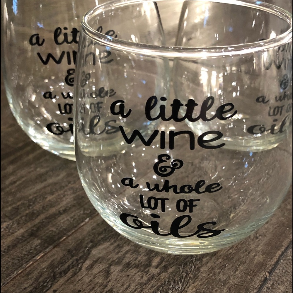 3 Short Stemless Wine Glasses. A Little Wine & a Whole Lot of Oils.